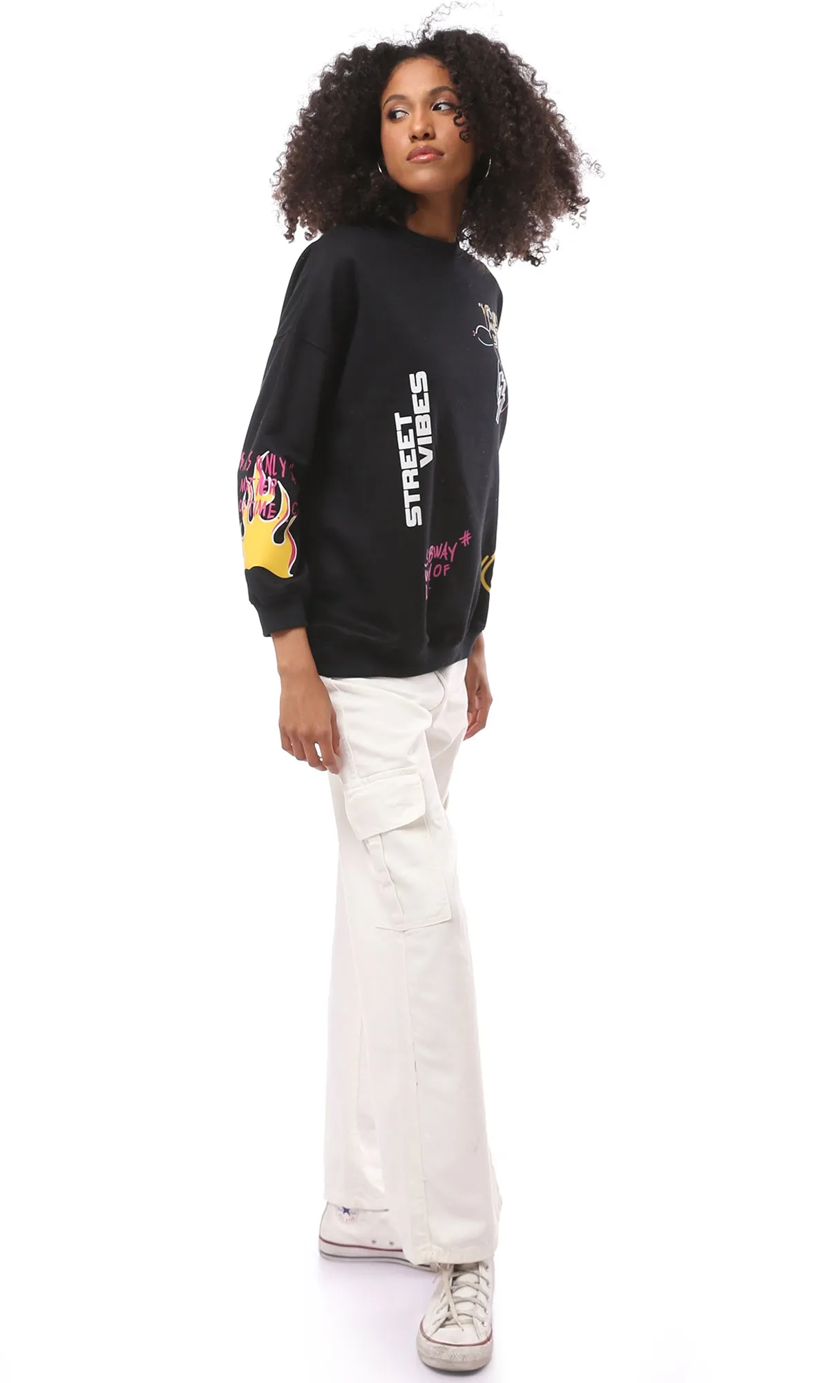 O173046 Colorful Prints Black Slip On Sweatshirt