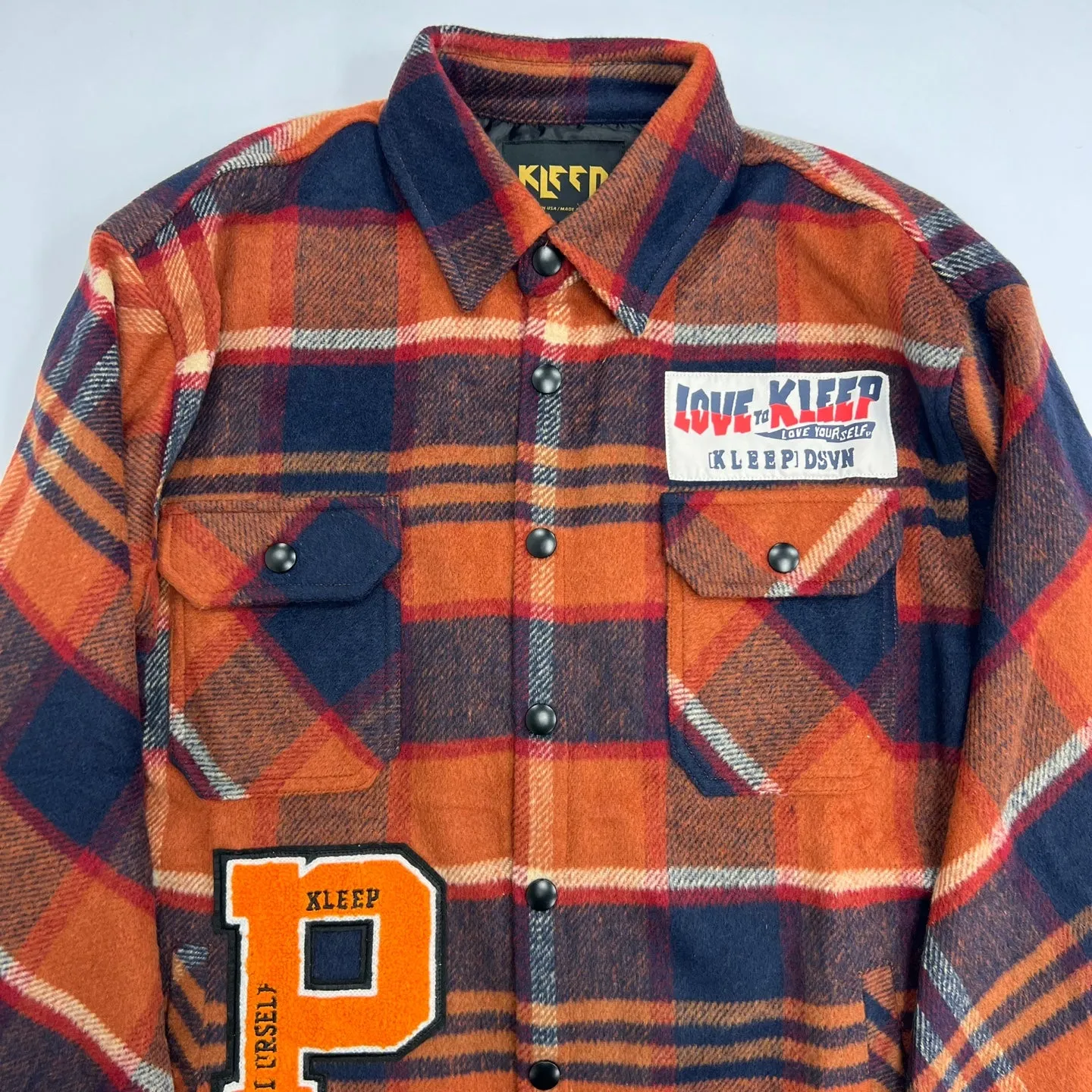 KLEEP Graphic Print Plaid Shirt Jacket - Orange