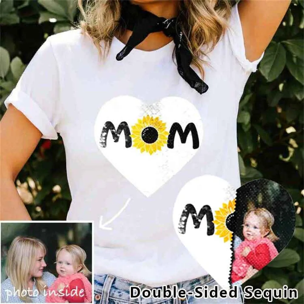 Custom Photo Sunflower DIY Heart Flip Sequin T-shirt Unisex Shirt Cotton Sequin Tee Mother's Day Gifts