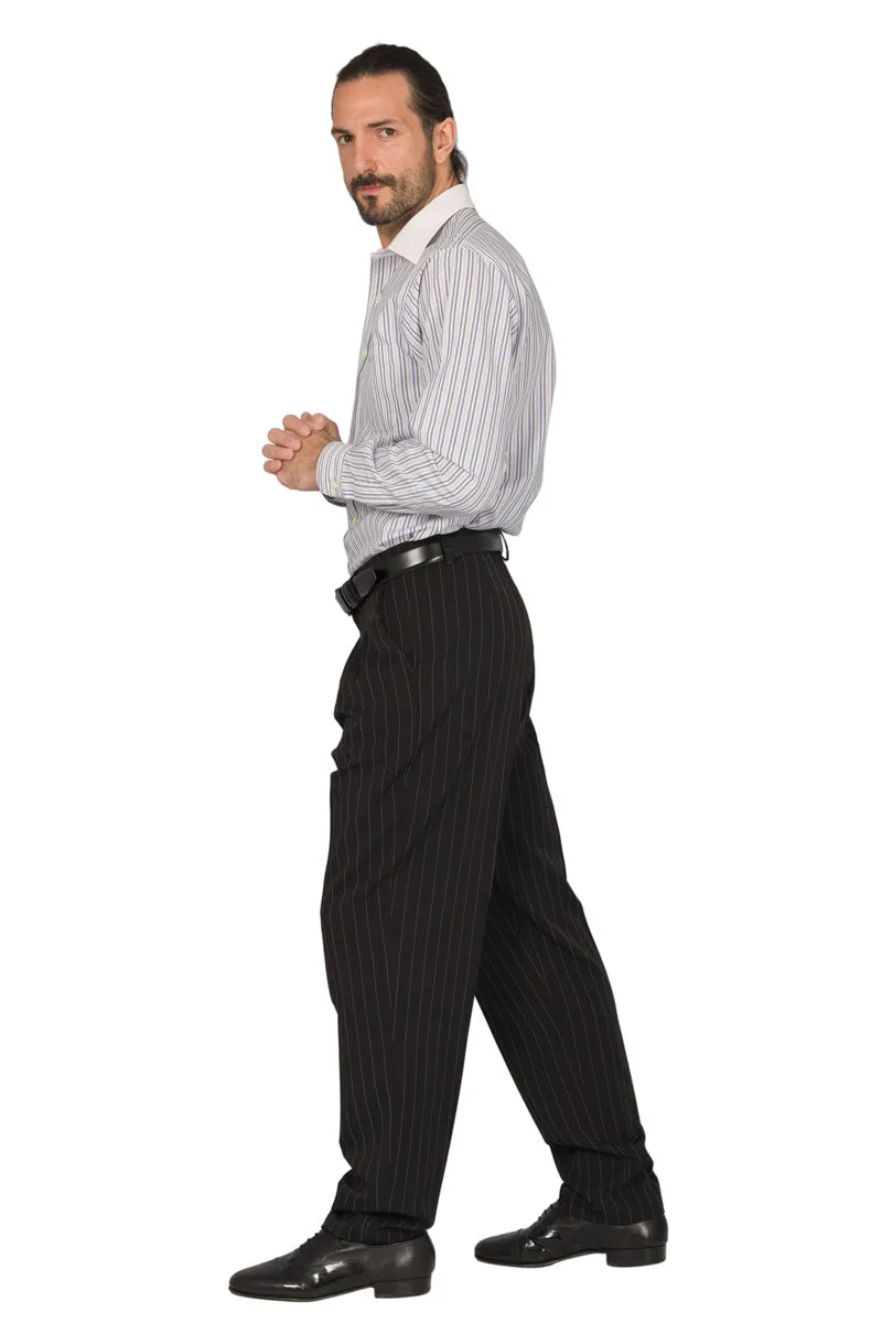 Black Striped Tango Pants With Three Inverted Pleats