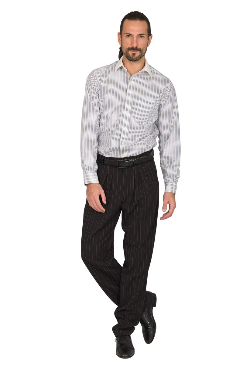 Black Striped Tango Pants With Three Inverted Pleats