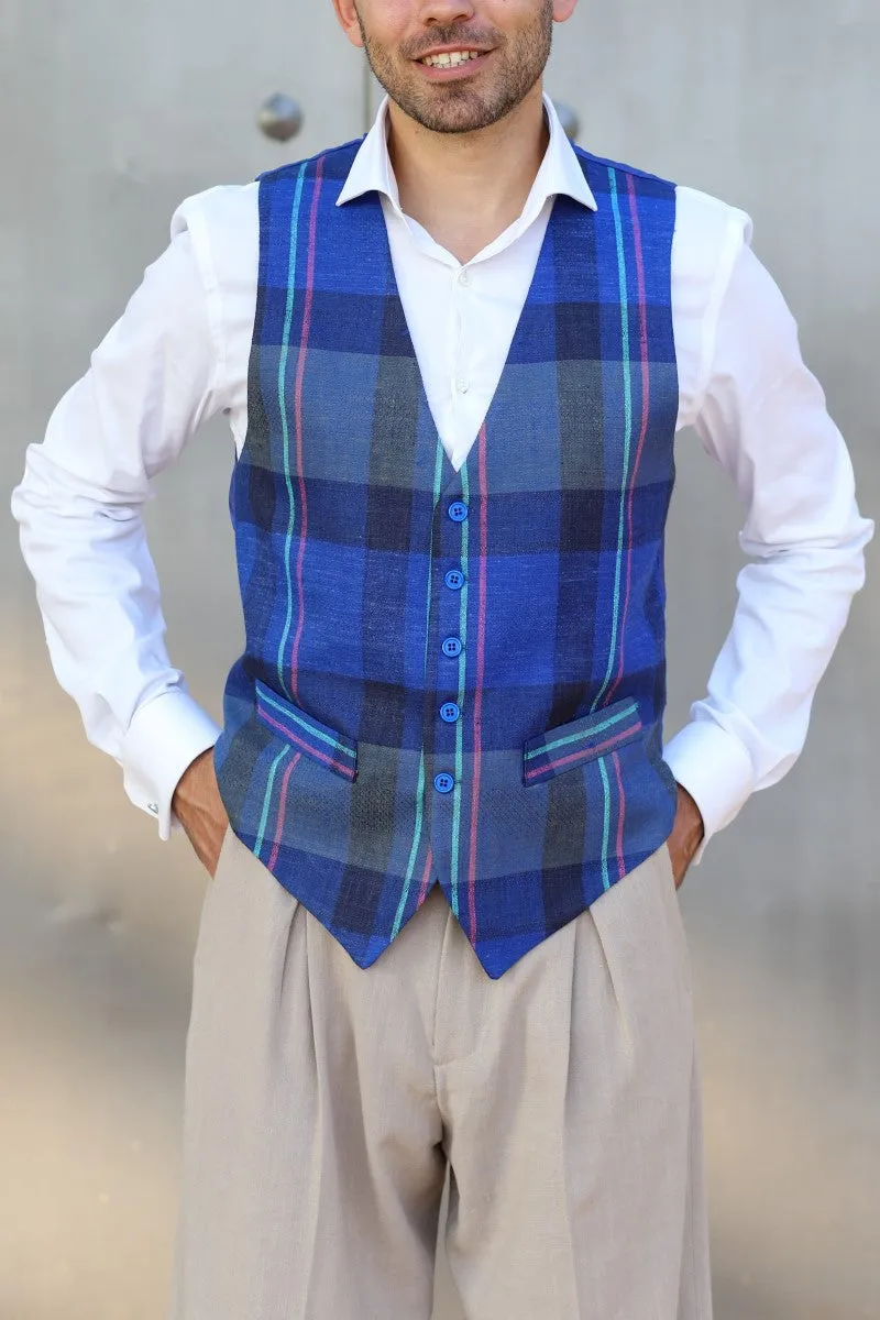 Blue Checkered Linen Tango Vest