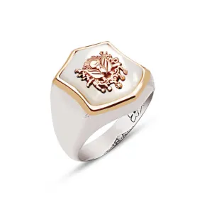 Ottoman Coat of Arms on White Mother of Pearl Stone Hexagon Silver Men’s Ring