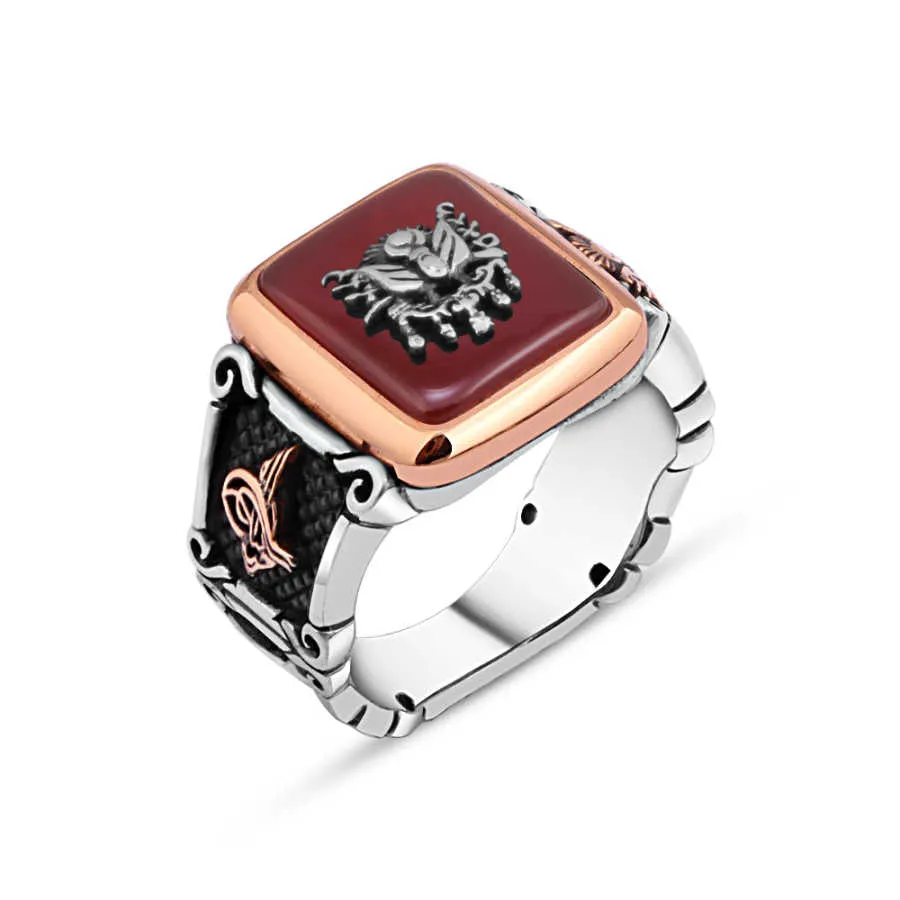 Ottoman State Coat of Arms on Red Square Agate Stone Silver Men's Ring Siding Ottoman Tughra