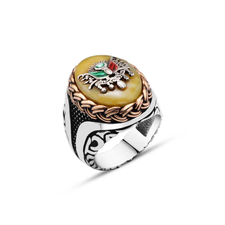 Ottoman Empire Coat of Arms on Ellipse Yellow Synthetic Amber Stone Silver Men's Ring with Braid Style Around