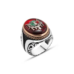 Ottoman Empire Coat of Arms on Synthetic Red Ellipse Amber Stone Silver Men's Ring with Braid Style Around