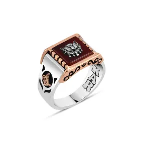 Ottoman State Coat of Arms on Red Square Agate Stone with Pattern Silver Men’s Ring Siding Ottoman Tughra