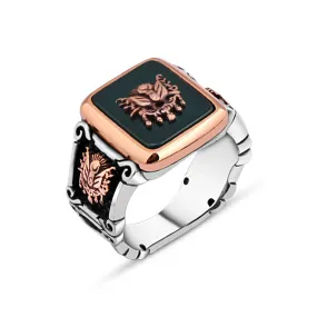 Ottoman State Coat of Arms on Square Green Agate Stone Silver Men's Ring Siding Ottoman Coat of Arms