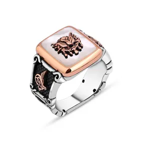 Ottoman State Coat of Arms on White Square Mother of Pearl Stone Men's Ring Silver Men's Ring Siding Ottoman Tughra