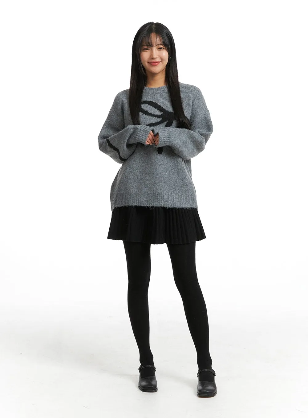 Chic Oversized Black Bow Detail Sweater - Cozy Fashion Staple