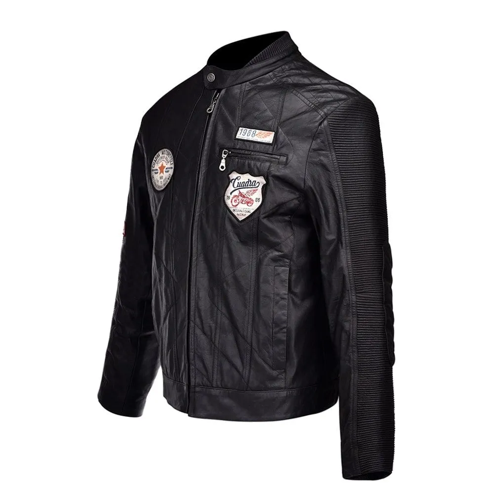 H195BOC - Cuadra black fashion moto racer patched leather jacket for men