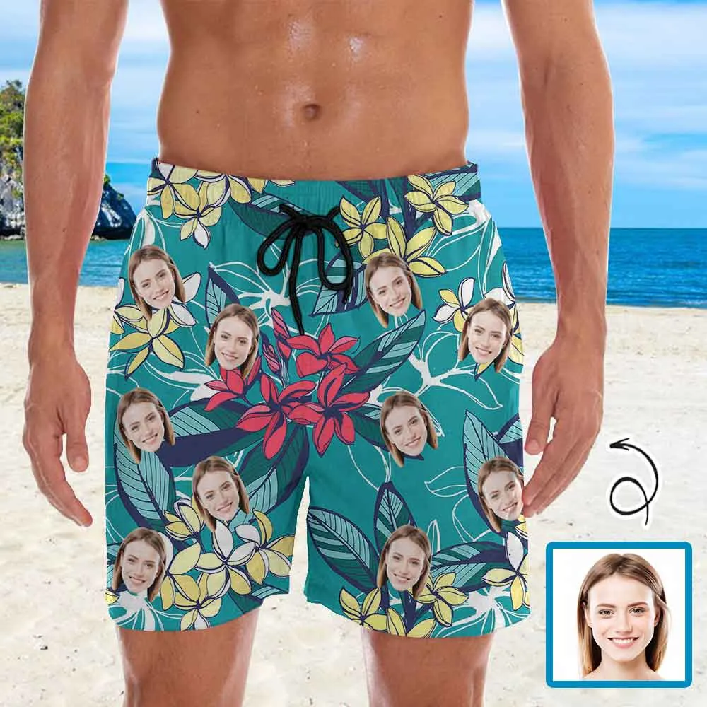 Personalized Swim Trunks Custom Face Yellow Flowers Men's Quick Dry Swim Shorts Beach Swimsuit