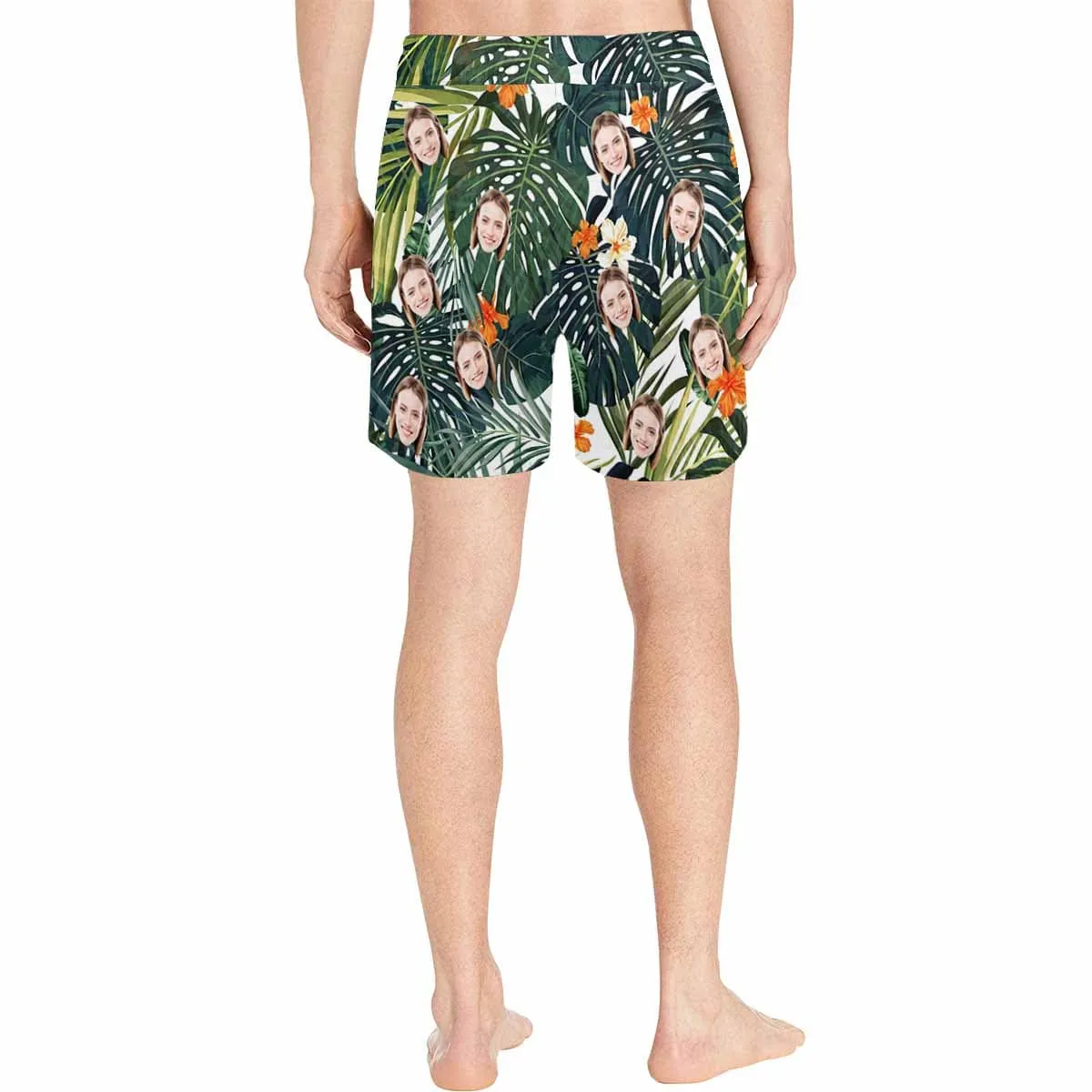 Personalized Swim Trunks Custom Face Green Leaves Men's Quick Dry Swim Shorts Beach Swimsuit