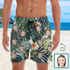 Personalized Swim Trunks Custom Face Green Leaves Men's Quick Dry Swim Shorts Beach Swimsuit