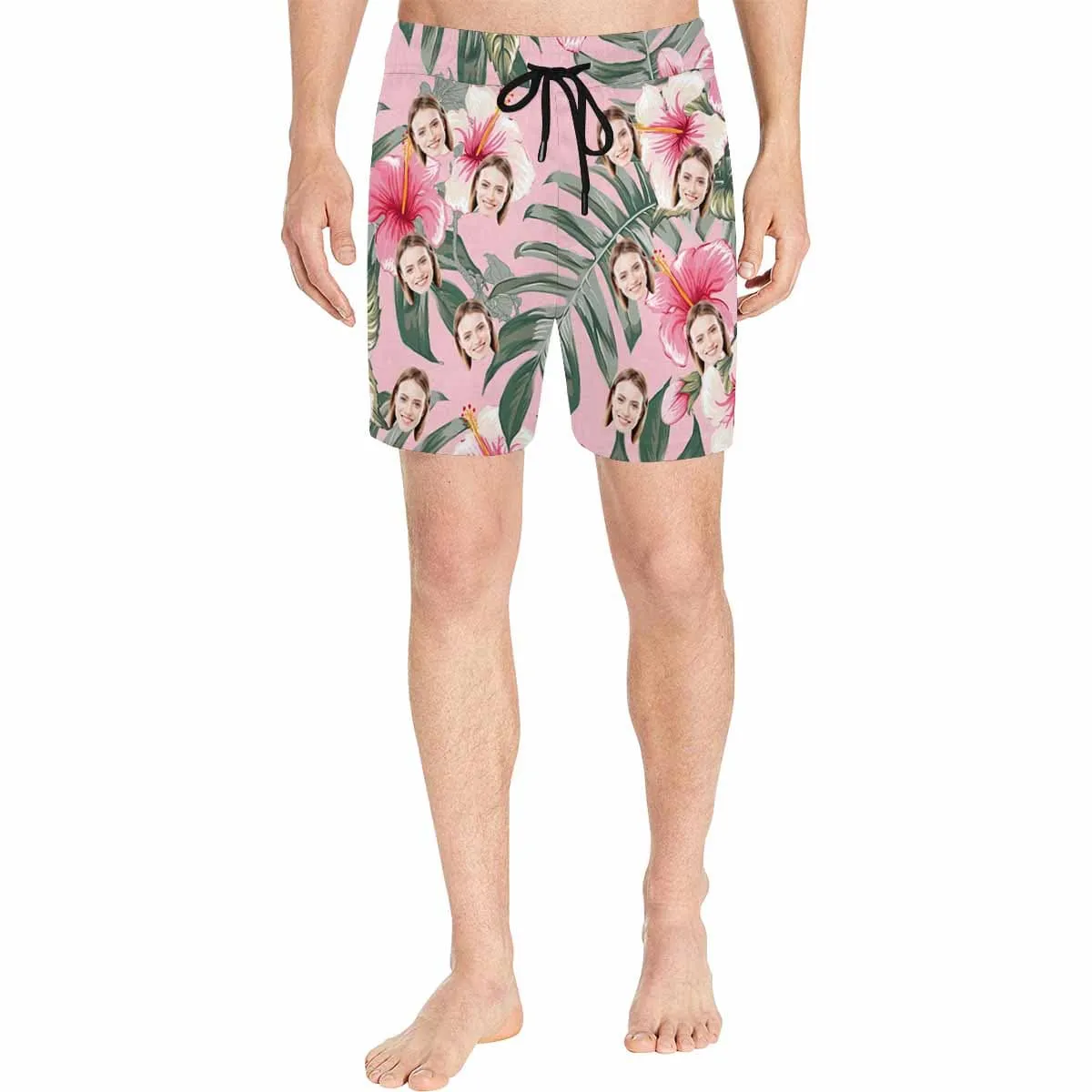 Personalized Swim Trunks Custom Face Pink Flowers Men's Quick Dry Swim Shorts Beach Swimsuit