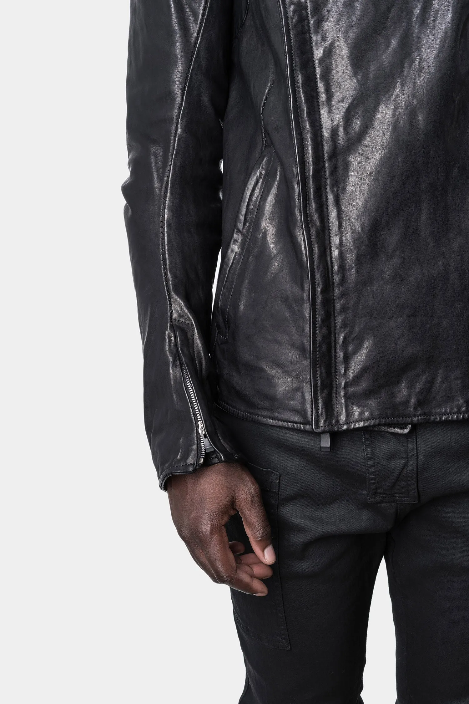 Double breasted moto high neck leather jacket