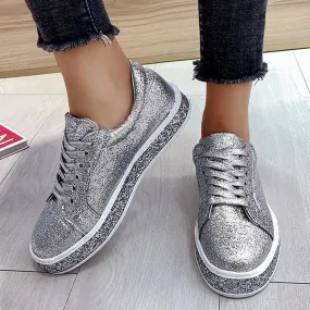 Platform Fashion Glitter Sequin Lace Up Chunky Bottom Slip On Trendy Leather Low Top Canvas Sneakers