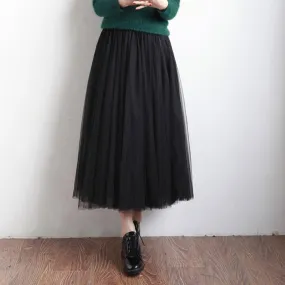 Pleated Tulle Mesh Elastic High Waist A Line Long Skirt