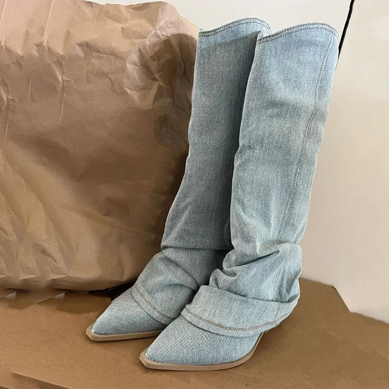 Pleats Blue Denim Thigh High Boots for Women 2023 Autumn