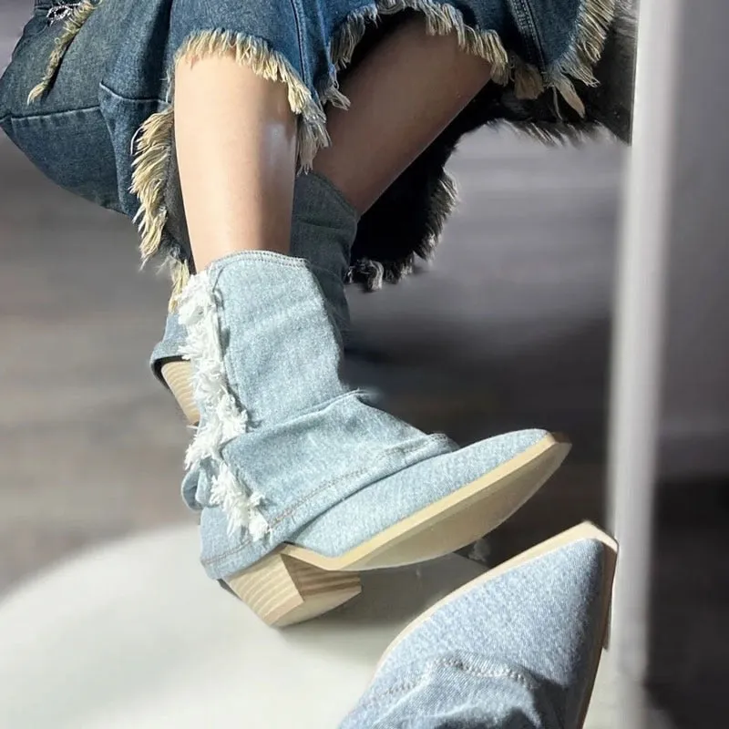 Pleats Blue Denim Thigh High Boots for Women 2023 Autumn