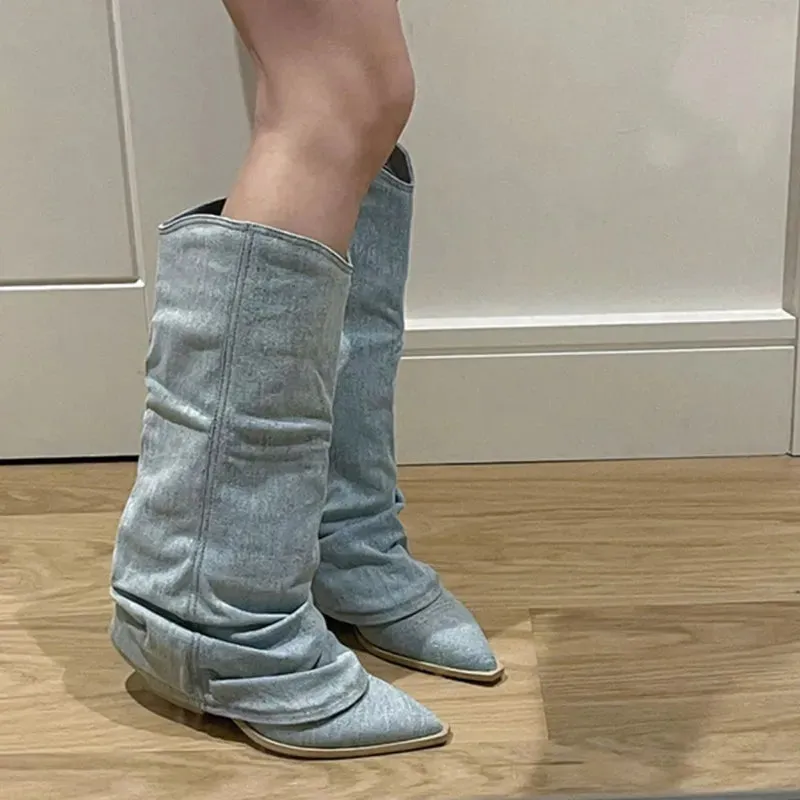 Pleats Blue Denim Thigh High Boots for Women 2023 Autumn