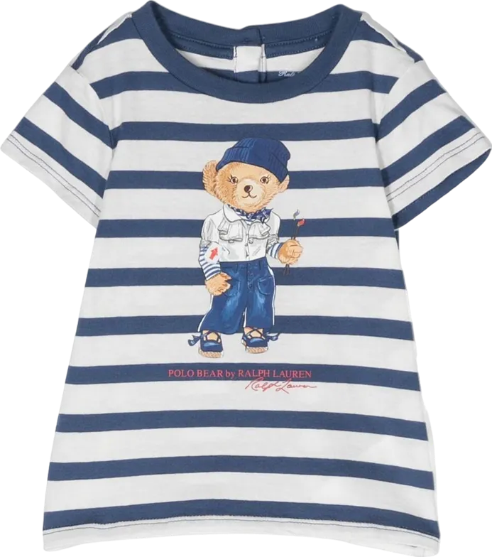 Polo Ralph Lauren Navy Blue / White Striped Polo Bear Motif T-shirt BNWT 5 Years