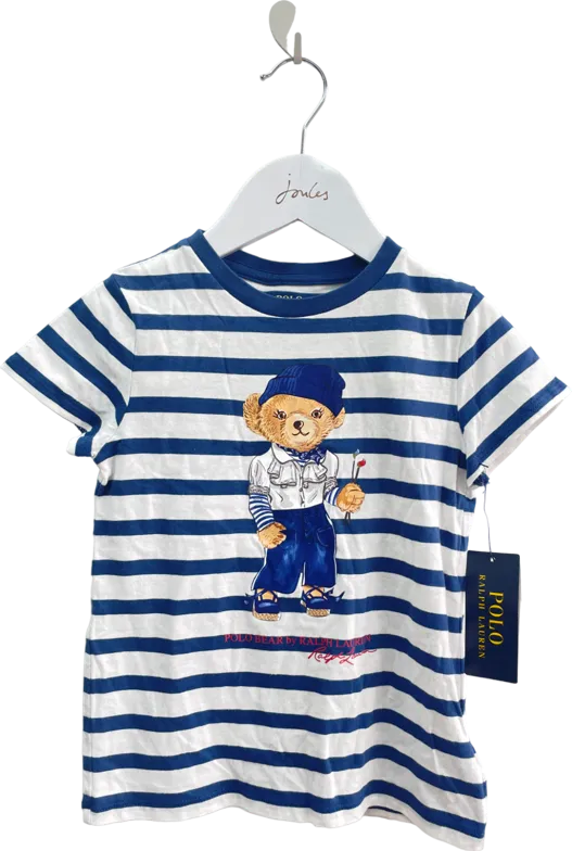 Polo Ralph Lauren Navy Blue / White Striped Polo Bear Motif T-shirt BNWT 5 Years