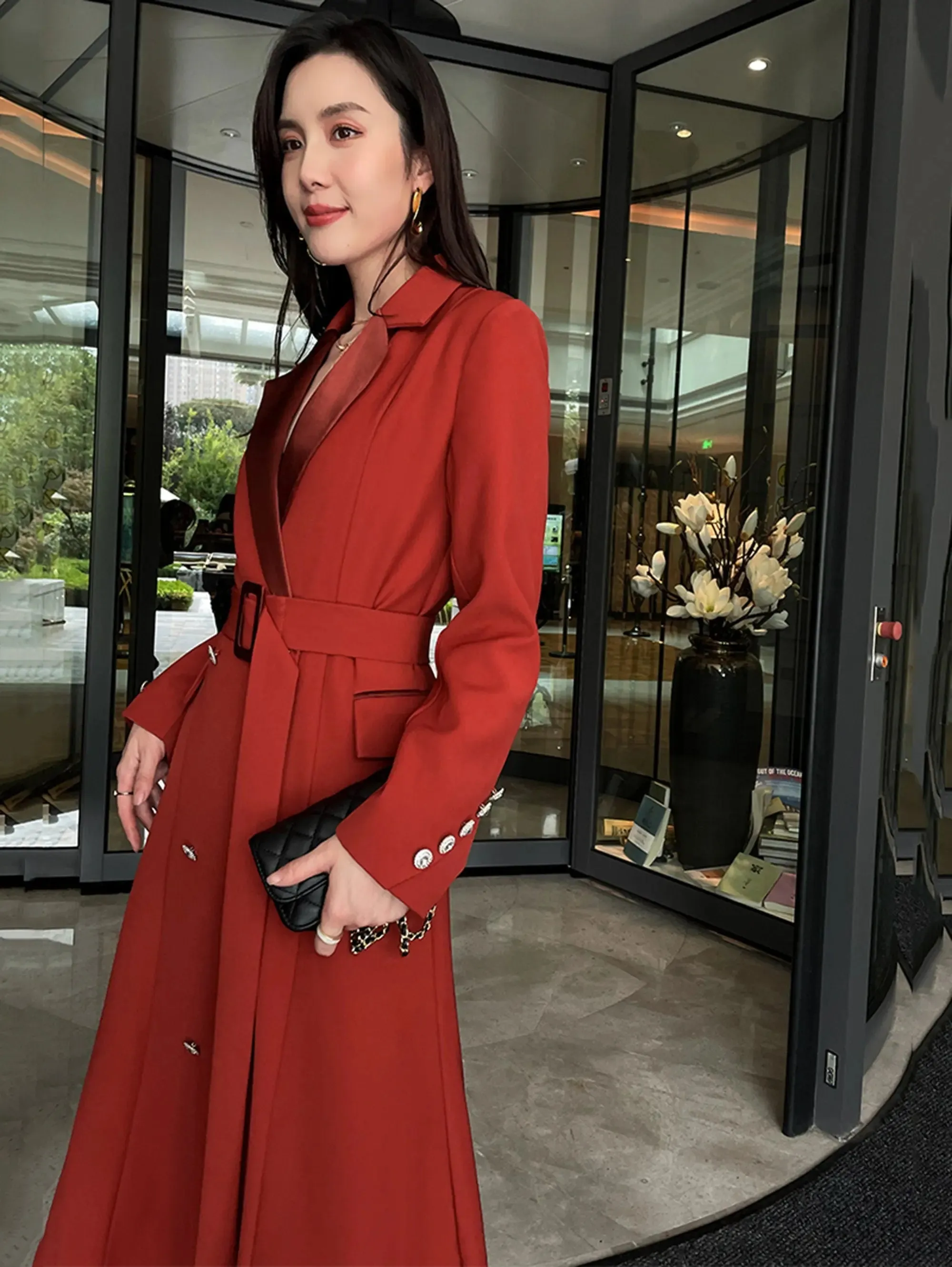 Double Breasted Fit & Flare Belted Red Coat