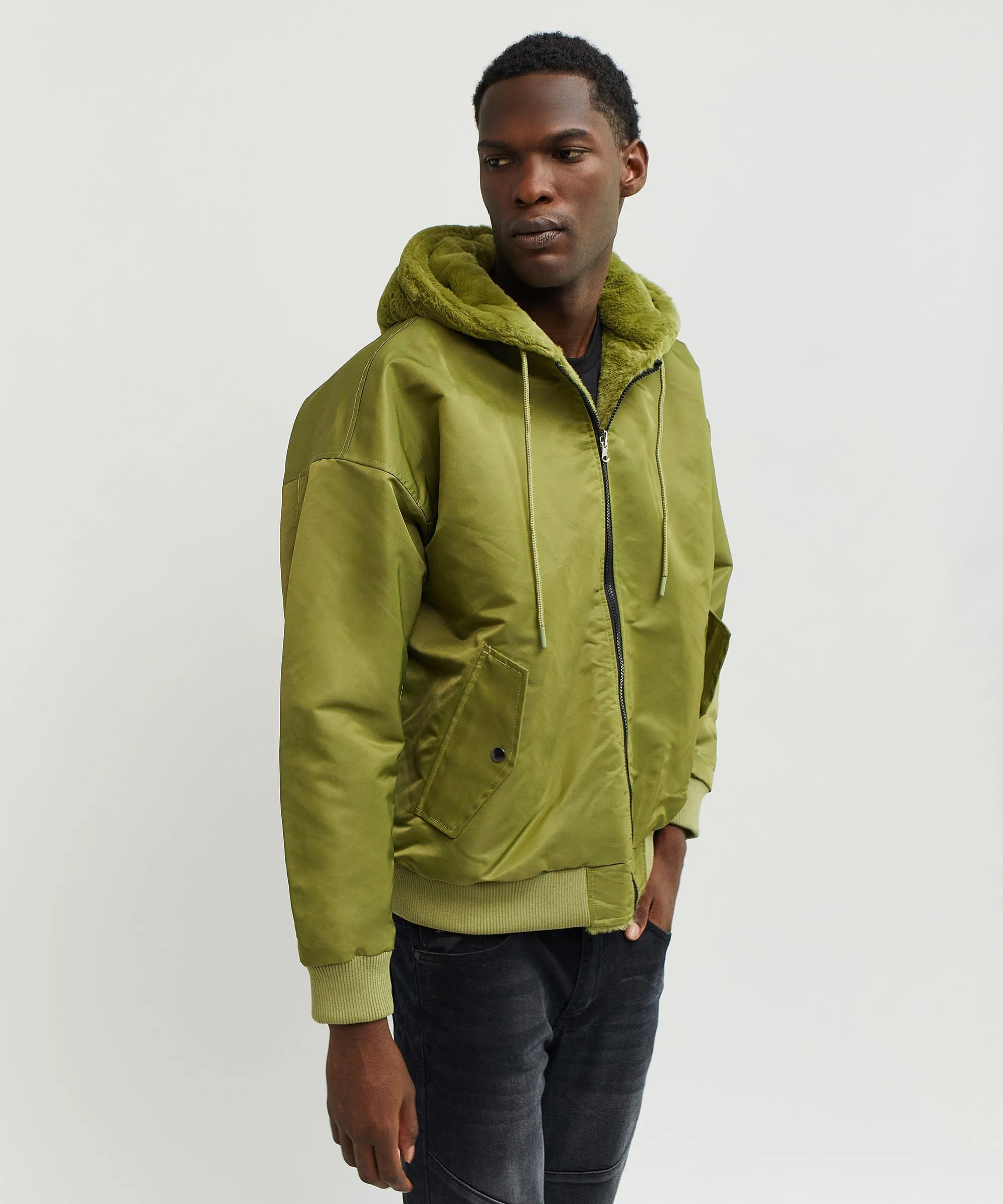 Reversible Oversized Crop Hooded Bomber Jacket With Sherpa Lining - Olive Green