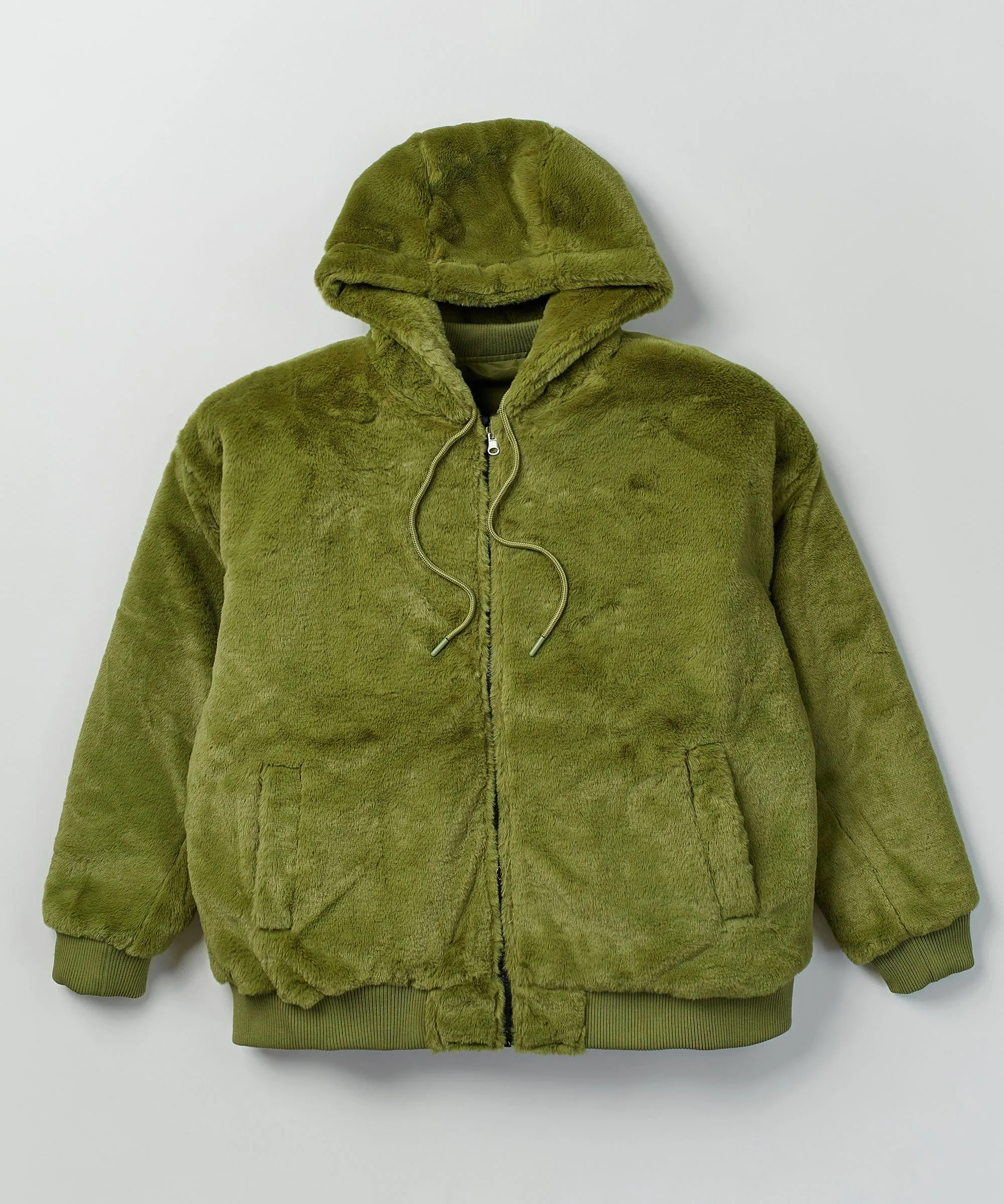 Reversible Oversized Crop Hooded Bomber Jacket With Sherpa Lining - Olive Green