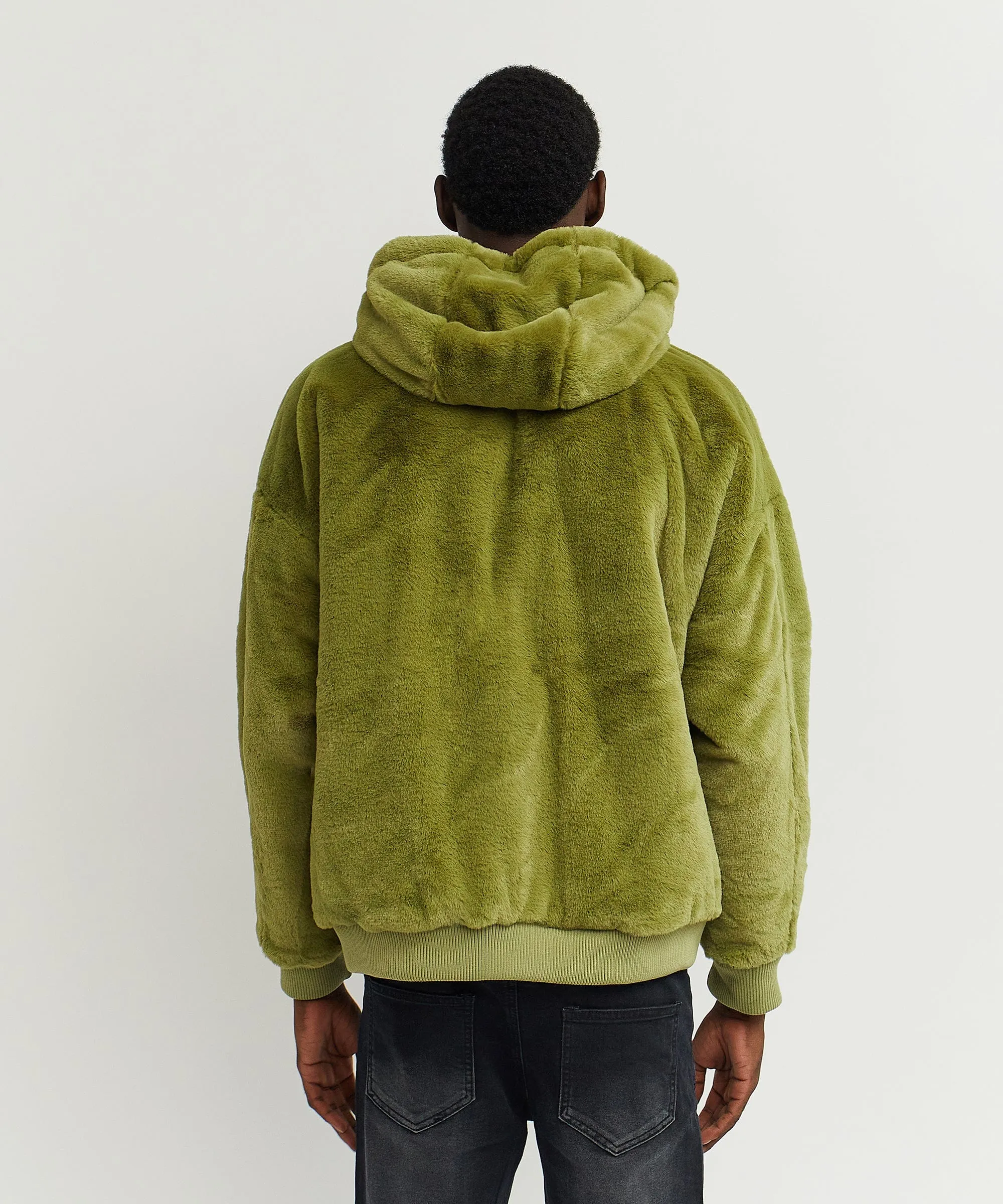 Reversible Oversized Crop Hooded Bomber Jacket With Sherpa Lining - Olive Green