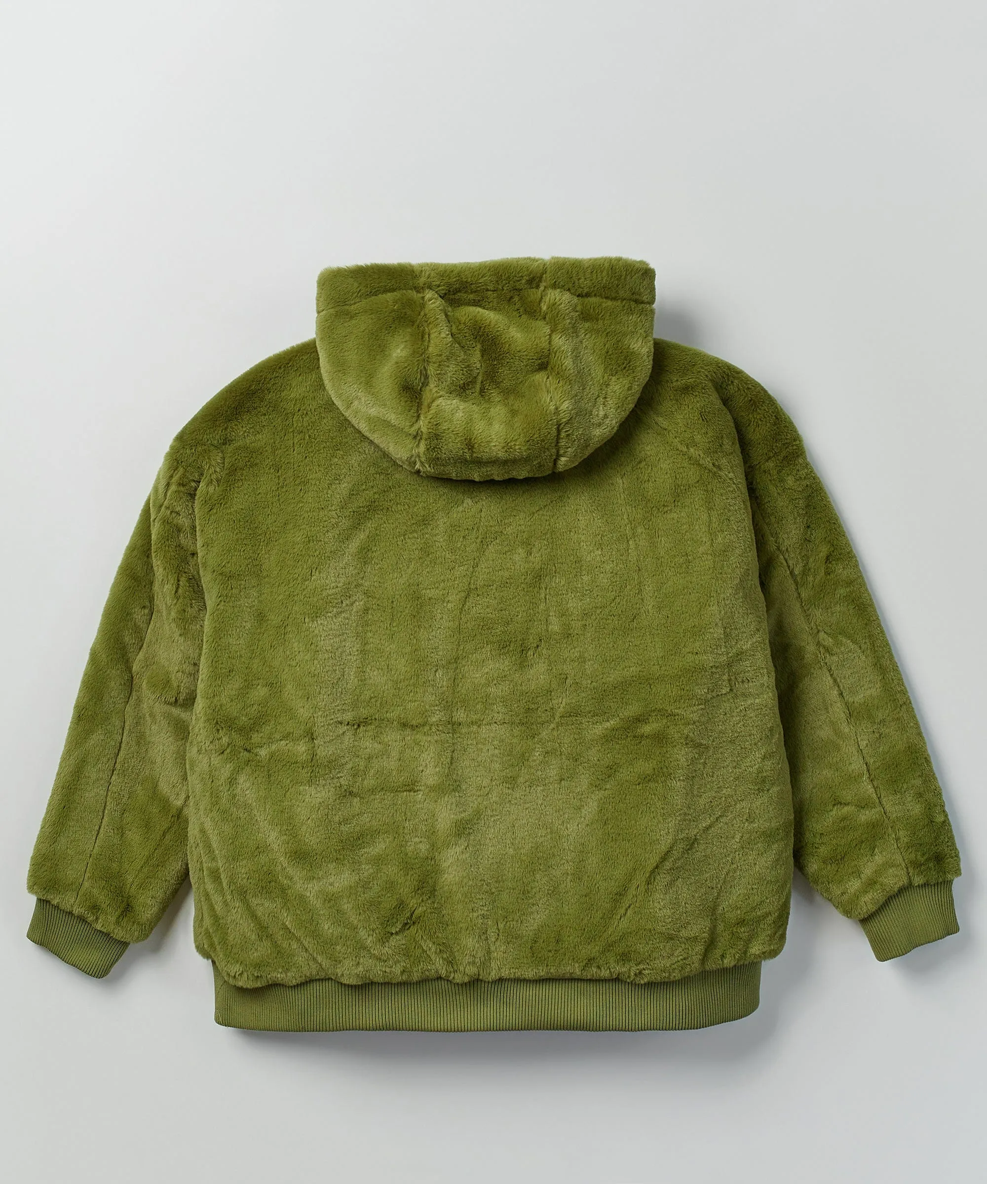 Reversible Oversized Crop Hooded Bomber Jacket With Sherpa Lining - Olive Green