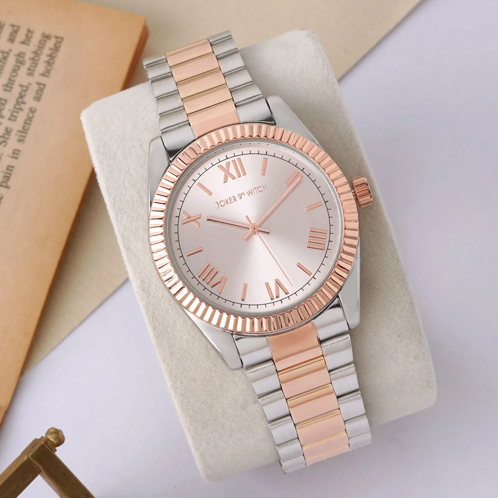 Leigh Rosegold Dial Dualtone Metallic Strap Watch