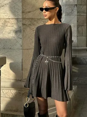 Ribbed Pleated Midi Fashion Knit Dress Women Autumn Long Sleeve High Waist O Neck Dresses