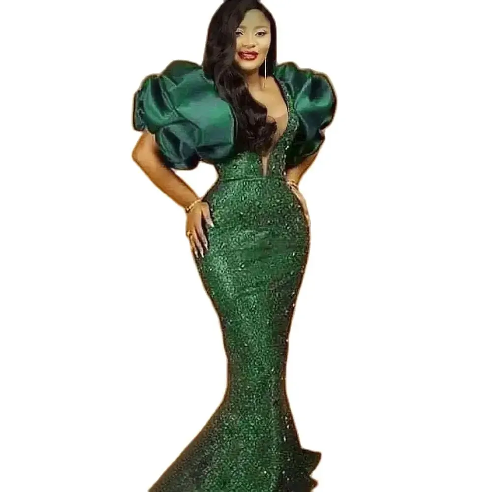 Prom Dresses Puff Sleeves Bead Sequined Hunter Green Mermaid  Evening Dress Plus Size