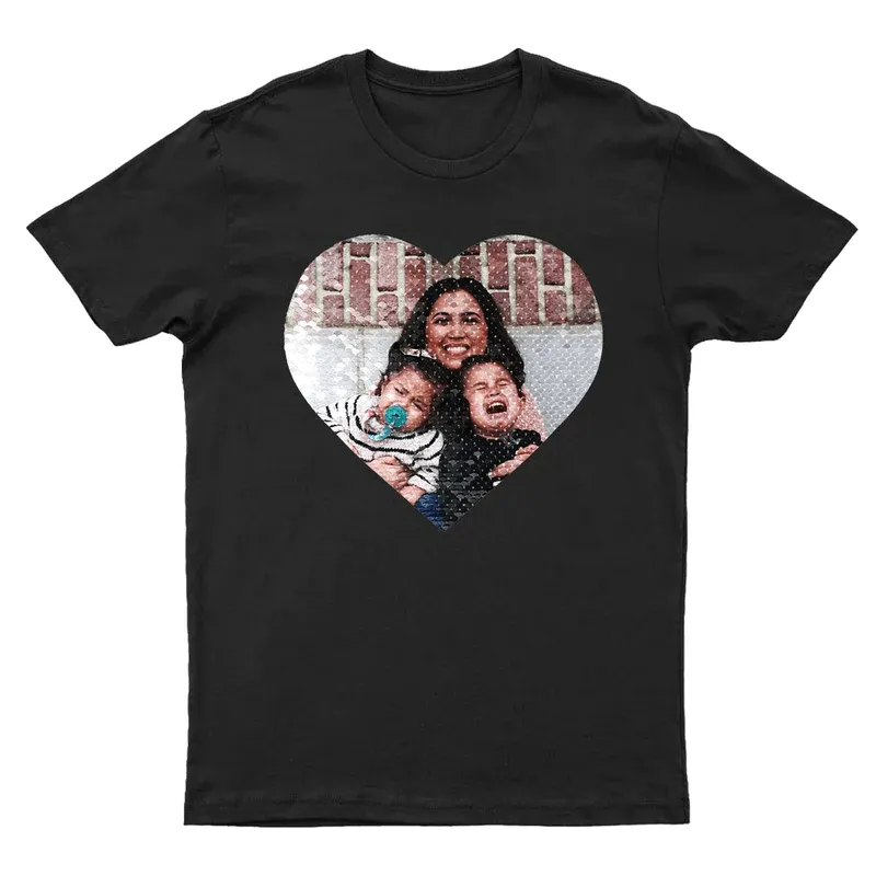 Custom Photo DIY Heart Flip Sequin T-shirt Love You Mom Unisex Shirt Cotton Sequin Tee Mother's Day Gifts