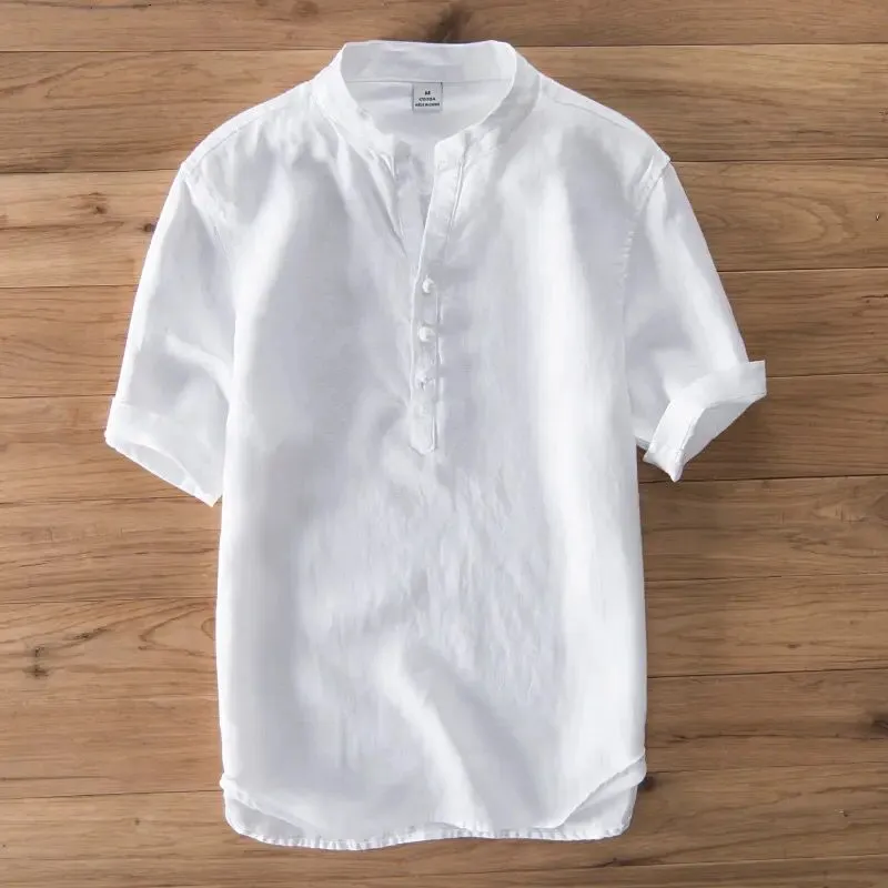 New Pure linen brand shirt men summer white shirts for men short sleeve stand collar shirt mens casual fashion shirts male tops S1277501