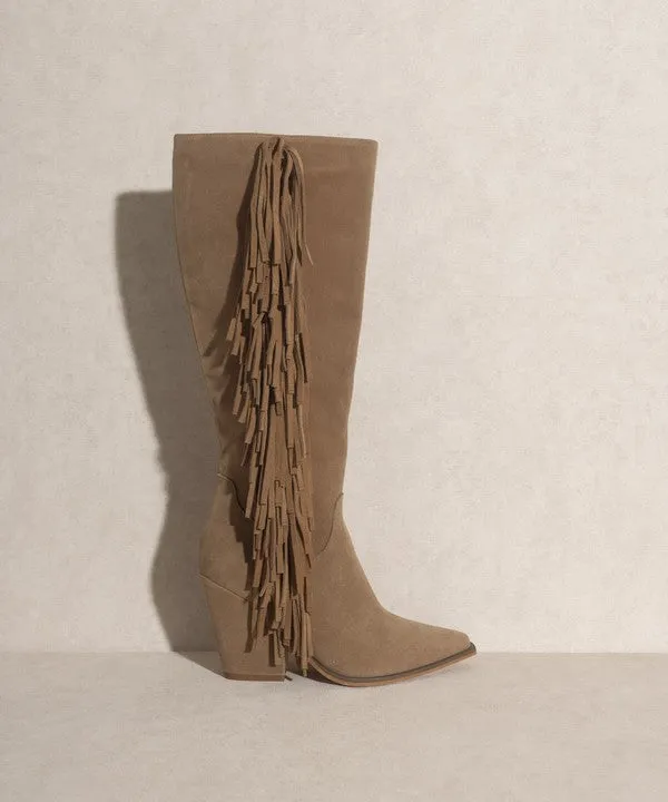 Khaki Bohemian Knee High Fringe Boots