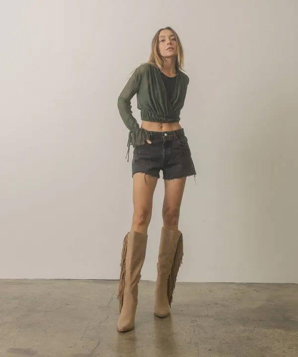 Khaki Bohemian Knee High Fringe Boots