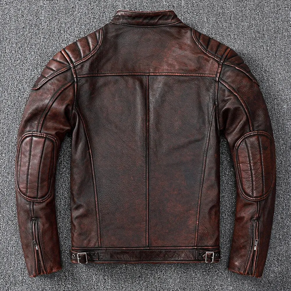 Mens Vintage Real Cowhide Genuine Leather Jacket Men Motorcycle Coat Mens