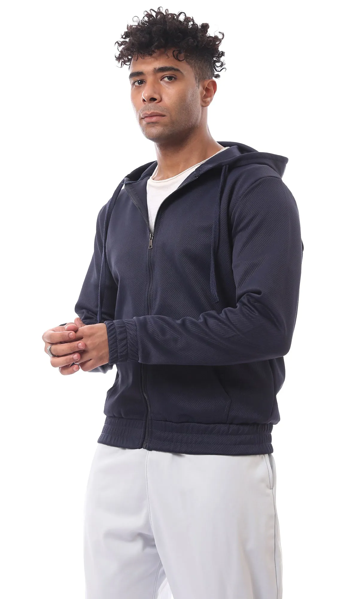 O173978 Front Kangaroo Pocket Navy Blue Stitched Sweatshirt