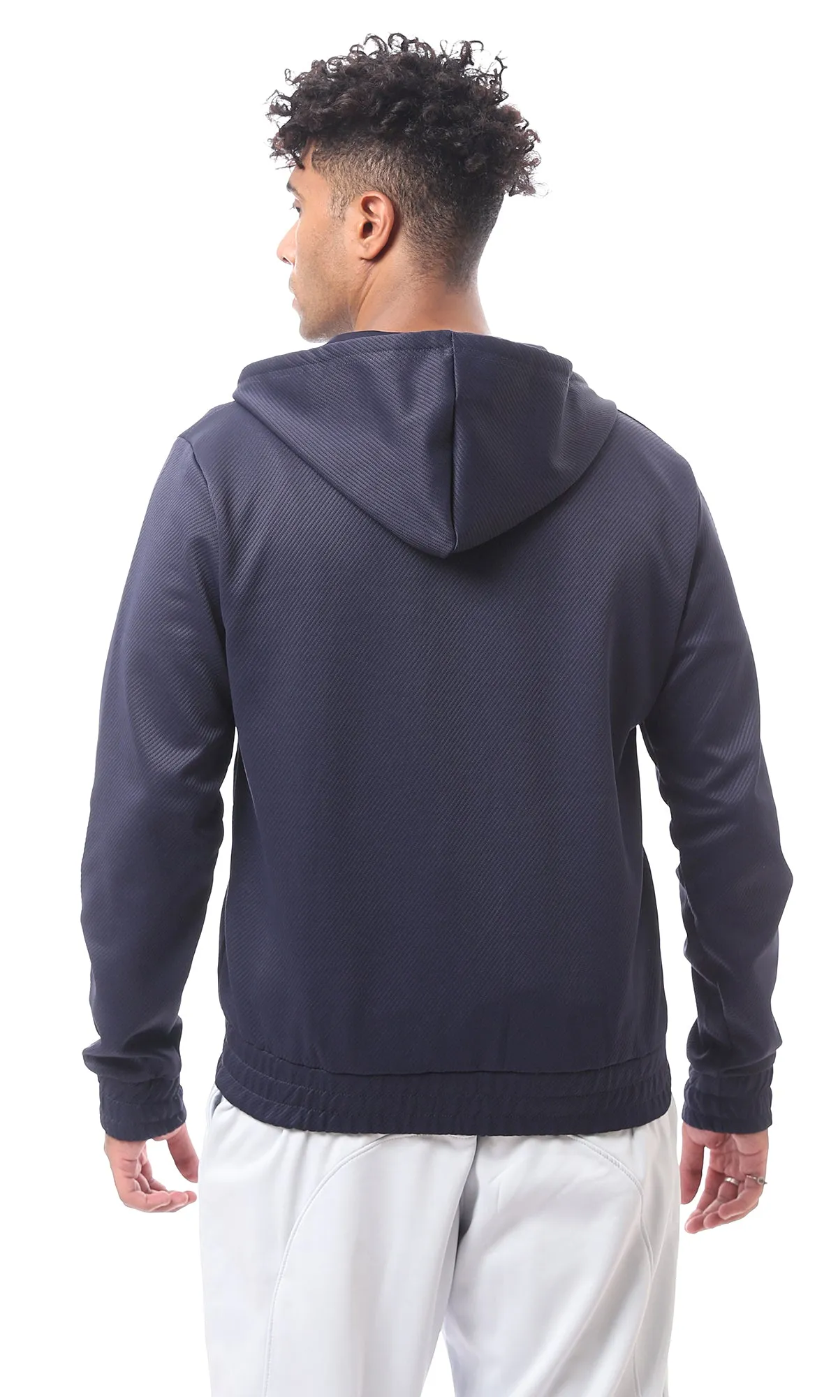 O173978 Front Kangaroo Pocket Navy Blue Stitched Sweatshirt