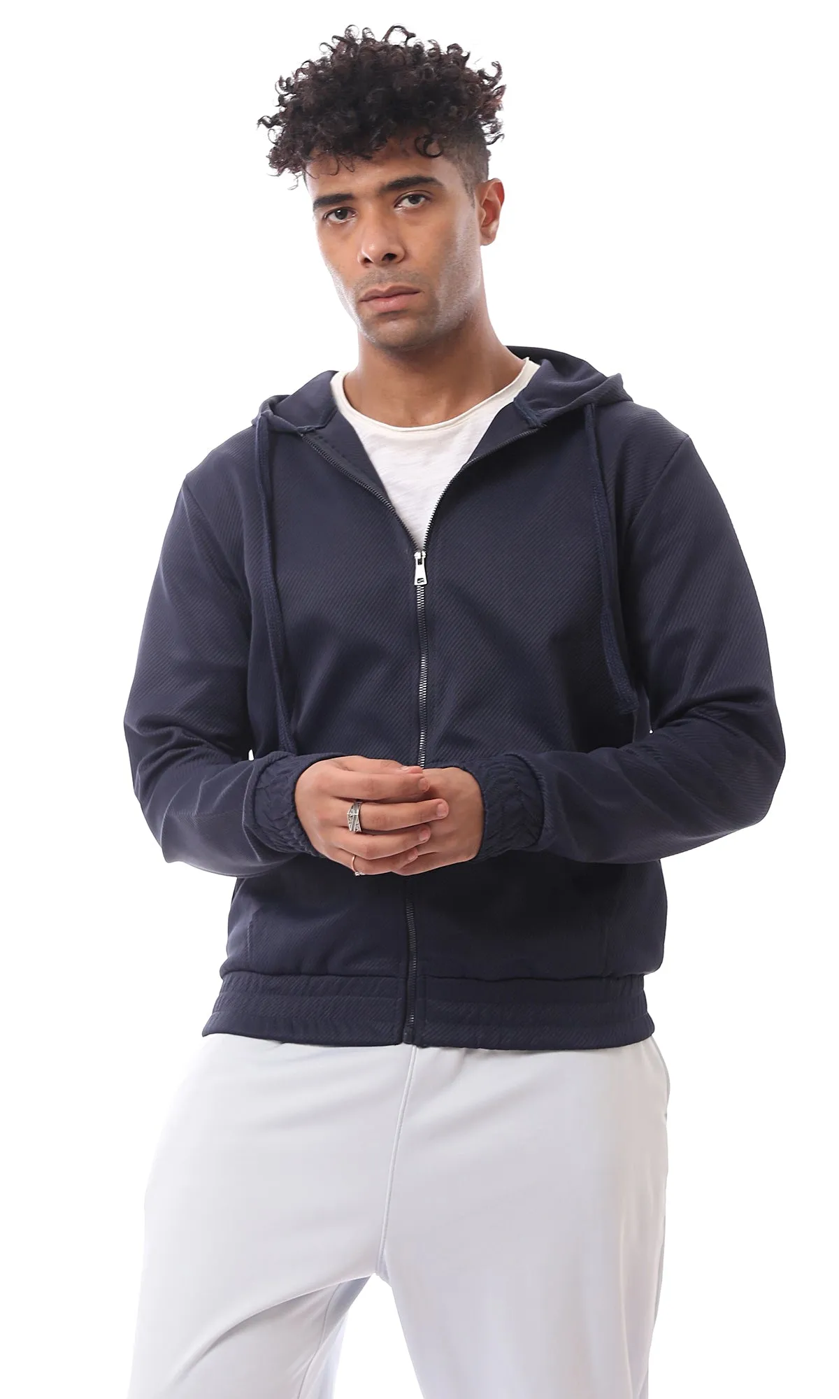 O173978 Front Kangaroo Pocket Navy Blue Stitched Sweatshirt