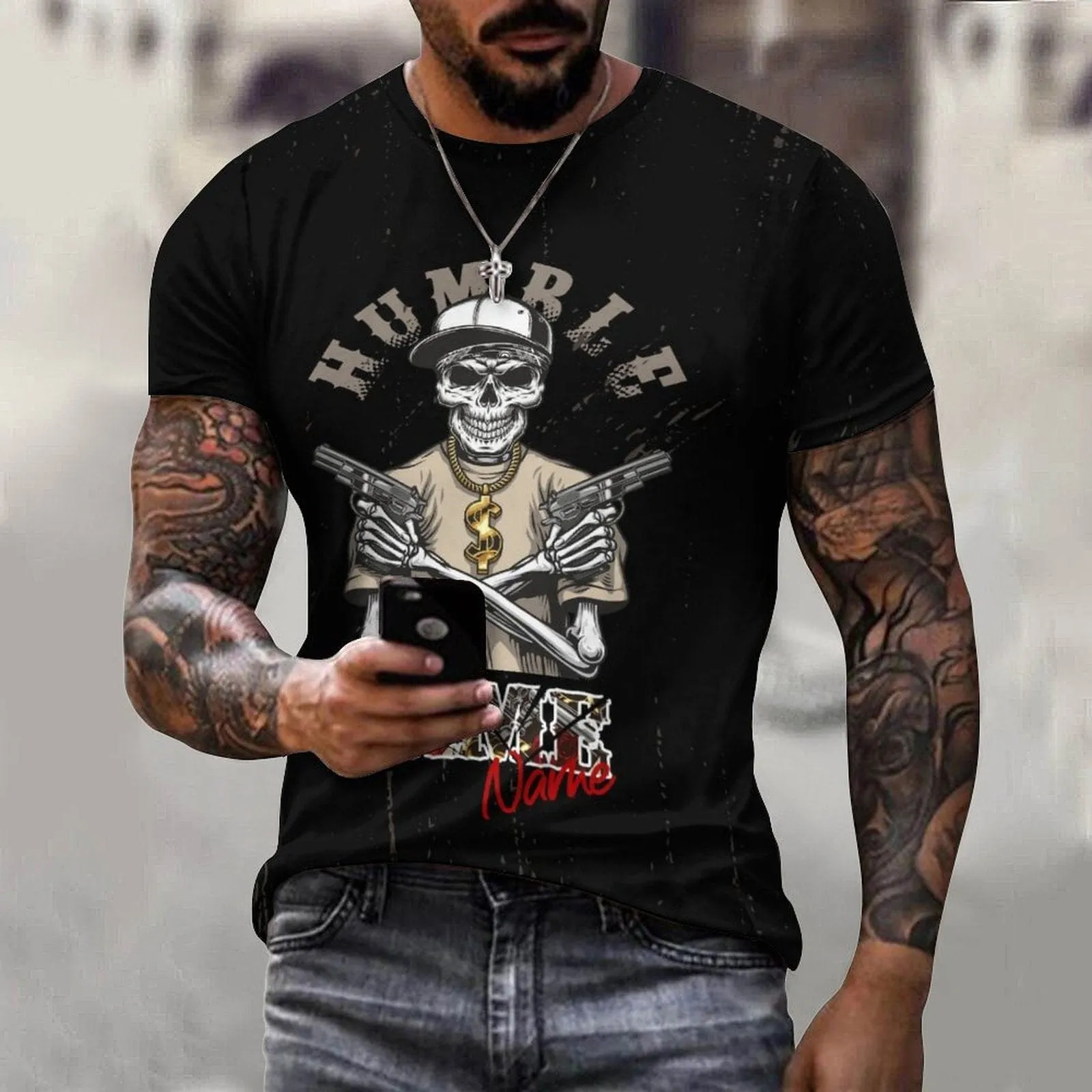 Slim Fit Cotton T-Shirt-Custom Name Skeleton Pure Cotton Slim Fit T-Shirt Personalized Men's All Over Print Short Sleeve T-Shirt