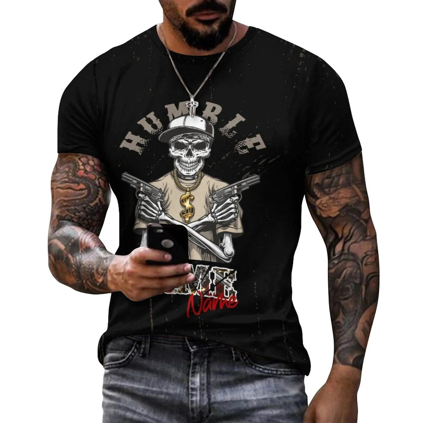 Slim Fit Cotton T-Shirt-Custom Name Skeleton Pure Cotton Slim Fit T-Shirt Personalized Men's All Over Print Short Sleeve T-Shirt