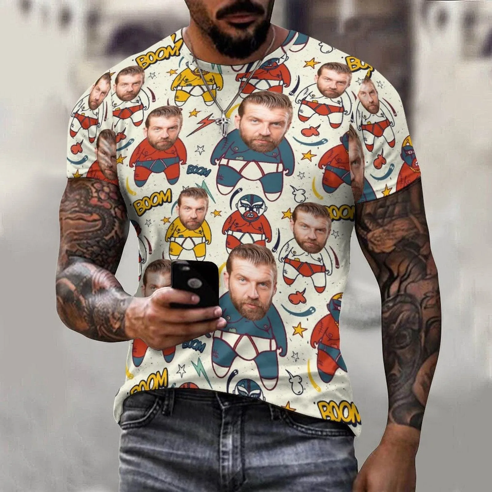 Slim Fit Cotton T-Shirt-Custom Face Cartoon Body Pure Cotton Slim Fit T-Shirt Personalized Men's All Over Print Short Sleeve T-Shirt