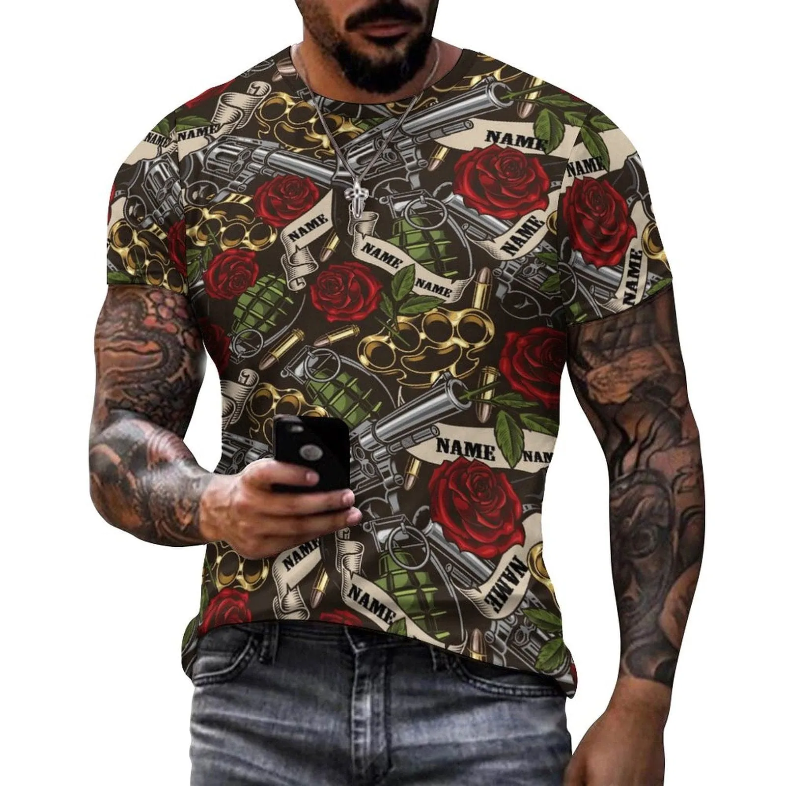 Slim Fit Cotton T-Shirt-Custom Name Rose Pistol Pure Cotton Slim Fit T-Shirt Personalized Men's All Over Print Short Sleeve T-Shirt