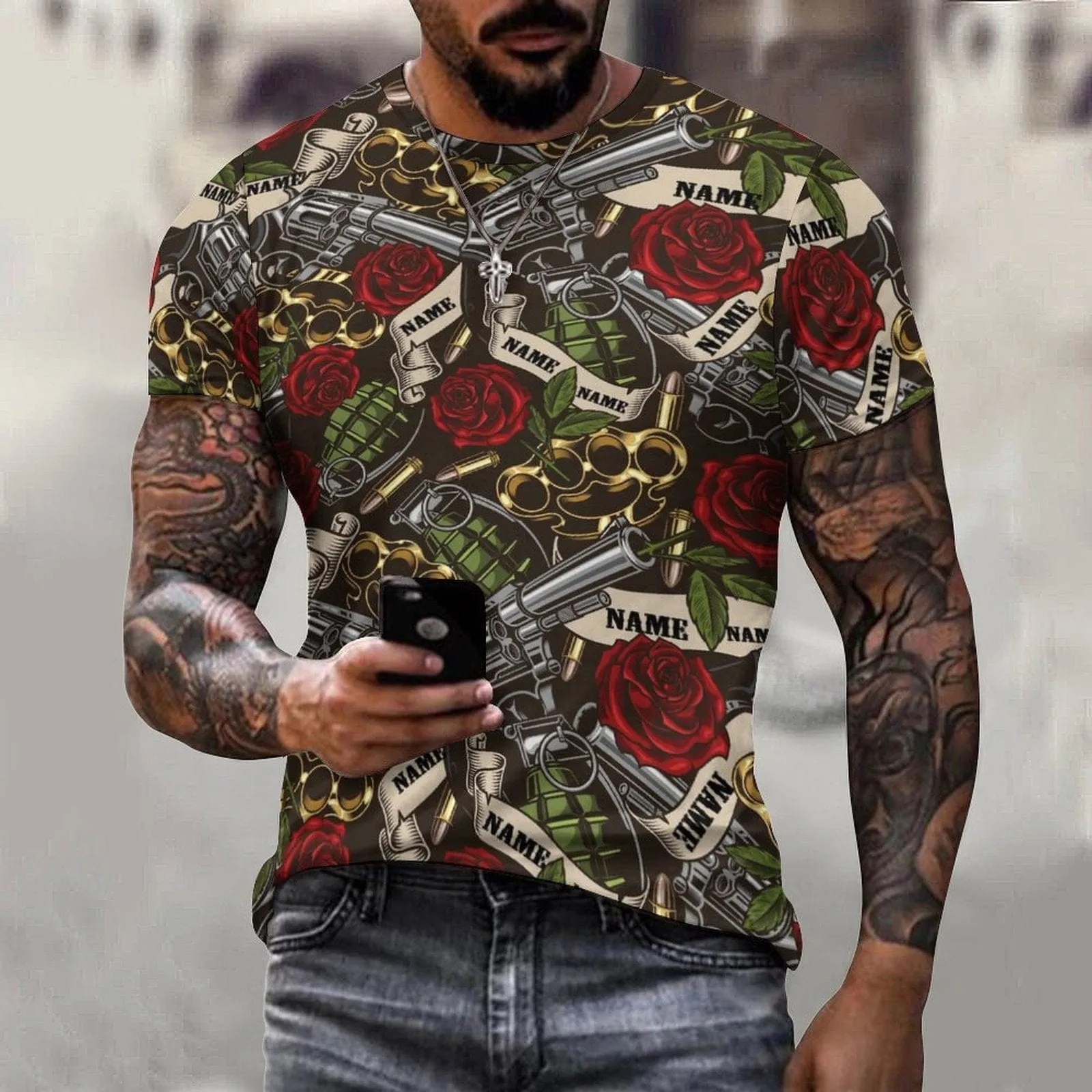 Slim Fit Cotton T-Shirt-Custom Name Rose Pistol Pure Cotton Slim Fit T-Shirt Personalized Men's All Over Print Short Sleeve T-Shirt