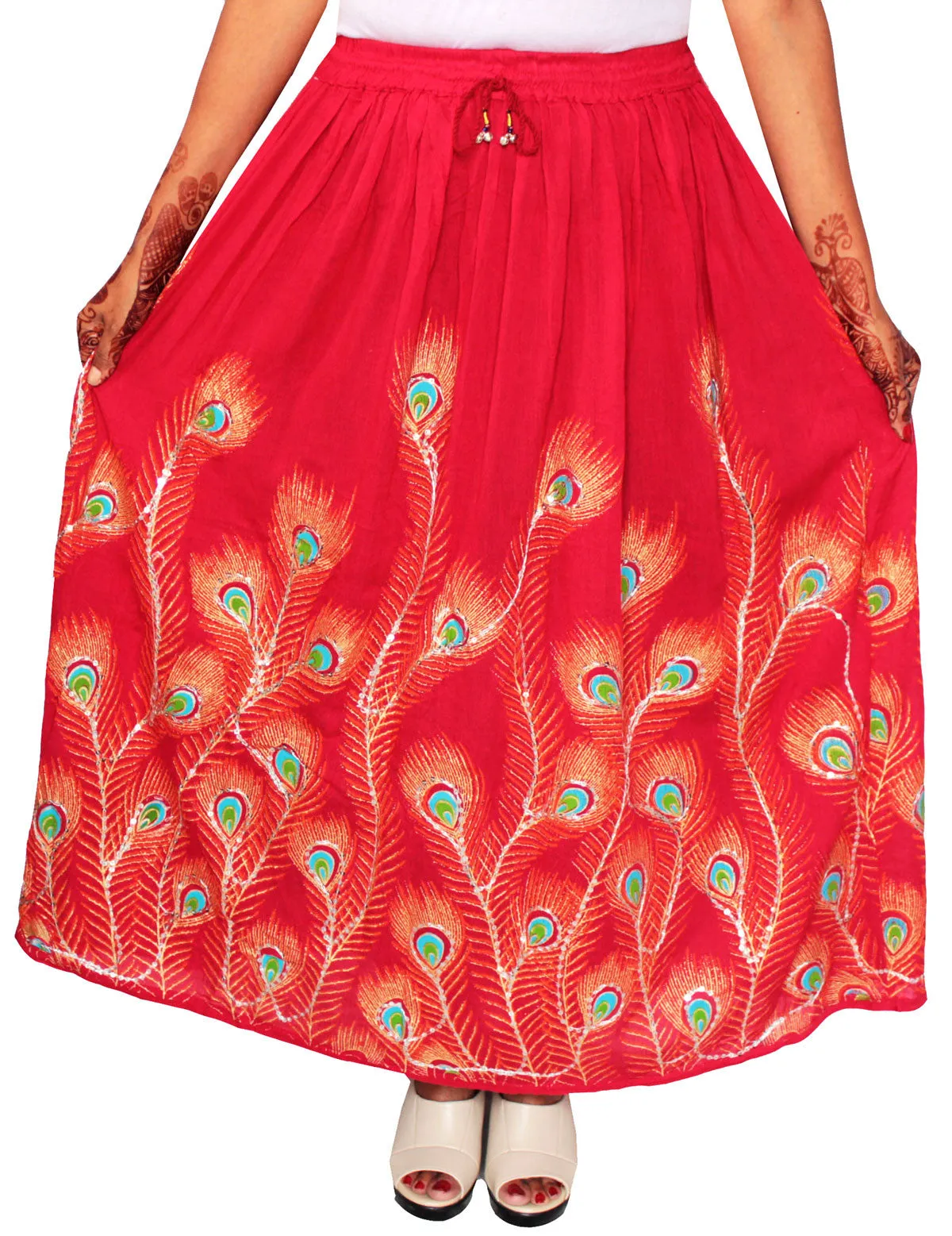 Womens Indian Long Skirts Sequins Ankle Length India Clothing (Red)