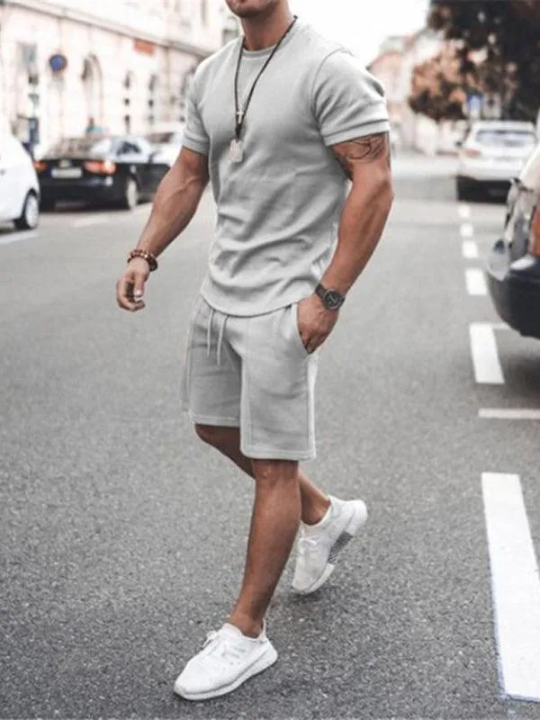 Solid Short-Sleeve Shorts Men Clothing Set